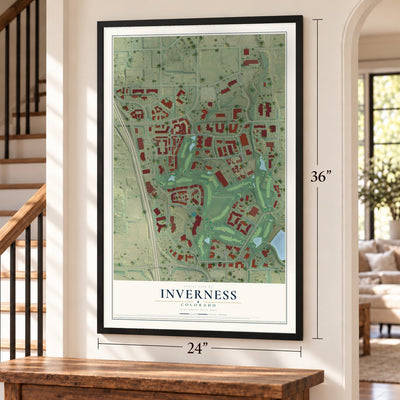 Inverness, Colorado map, 24 x 36 inch print in a black frame by a staircase