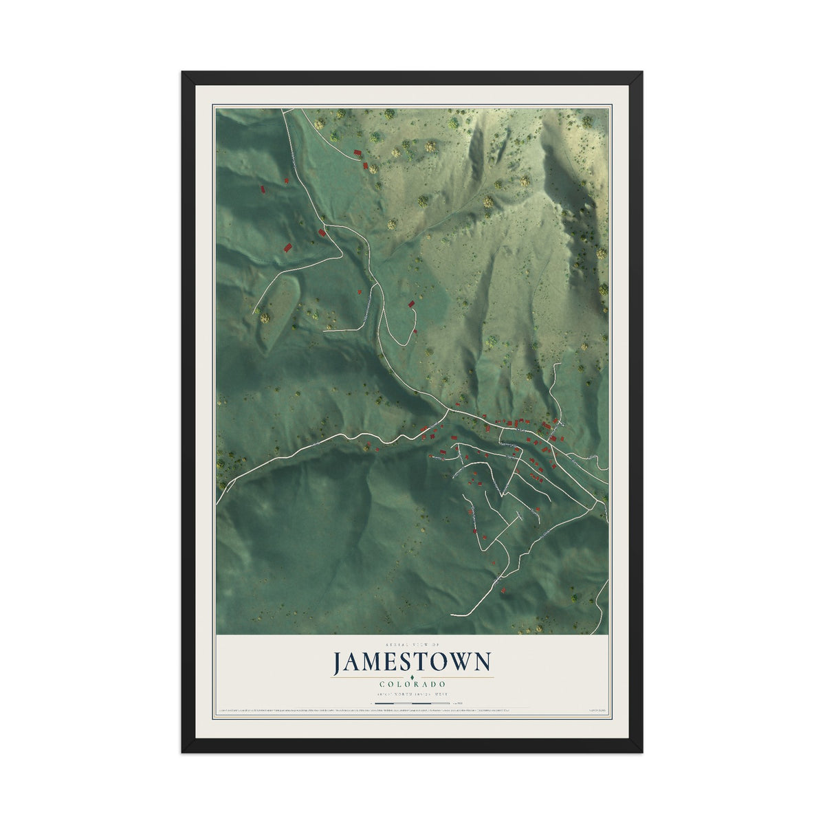 Map of Jamestown, Colorado, 12 x 18 inch print in a black wood frame