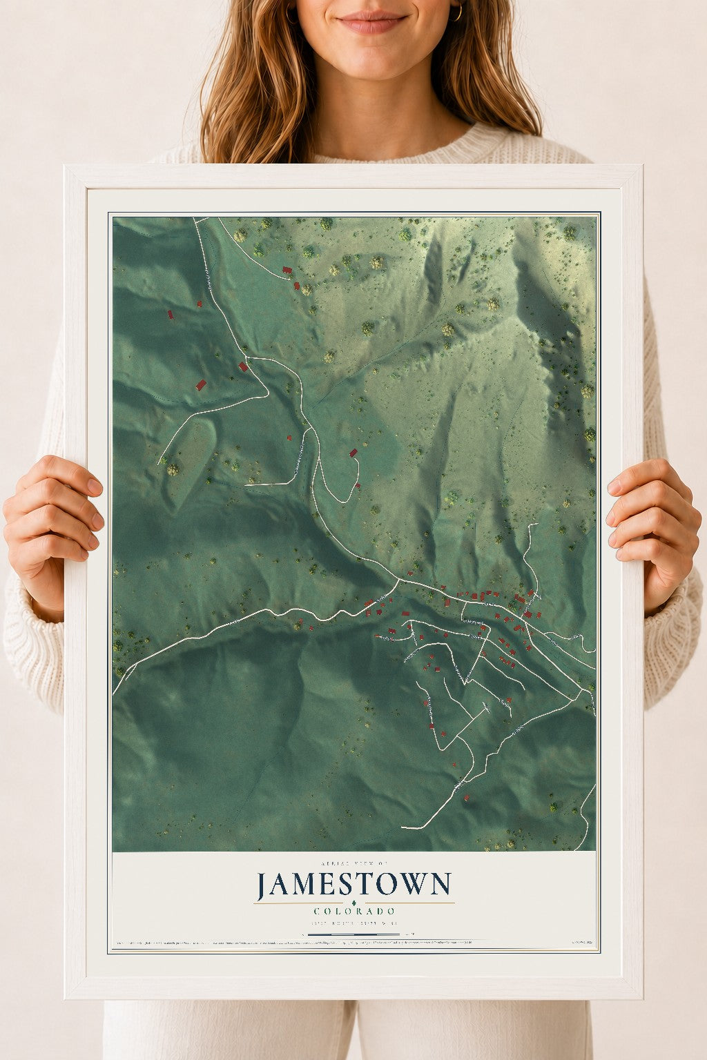 Map of Jamestown, Colorado, 18 x 24 inch print in a white wood frame