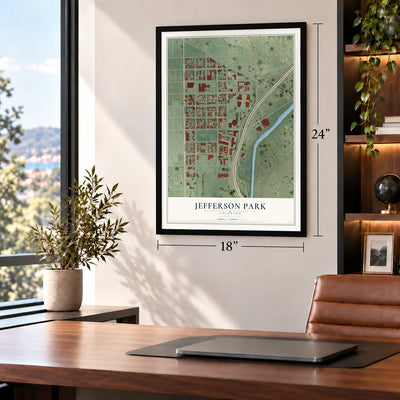 Jefferson Park, Colorado map, 18 x 24 inch print in a black frame in a home office