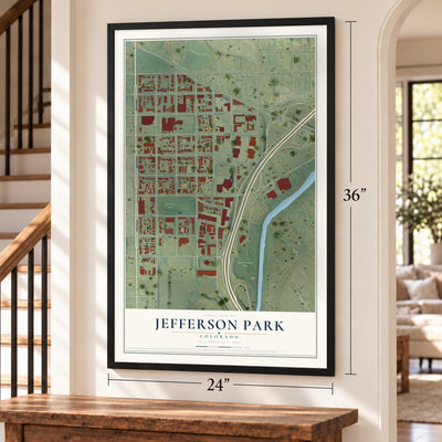 Jefferson Park, Colorado map, 24 x 36 inch print in a black frame by a staircase