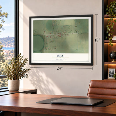 Joes, Colorado map, 18 x 24 inch print in a black frame in a home office
