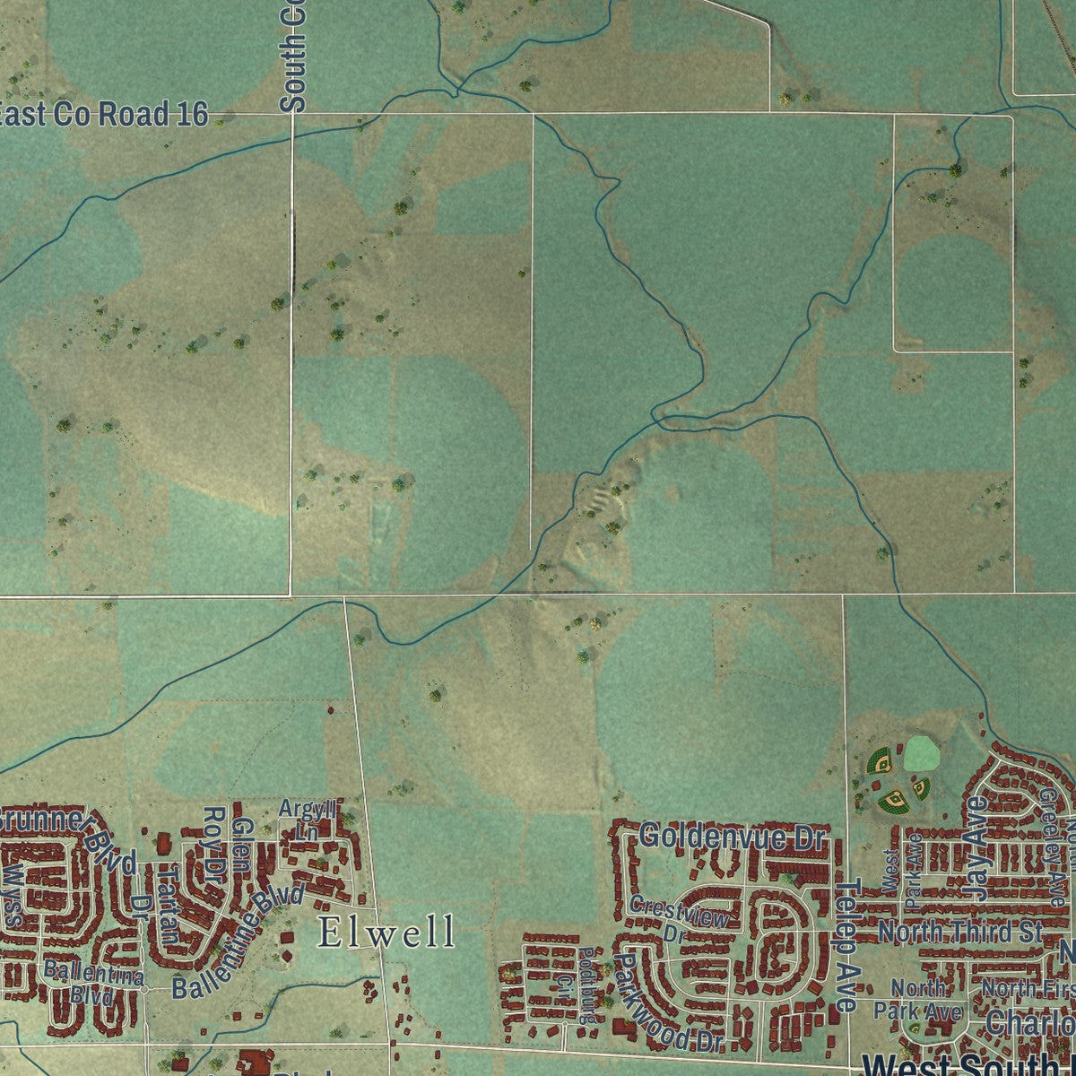 Second close-up of the map of Johnstown, Colorado print showing more streets and buildings
