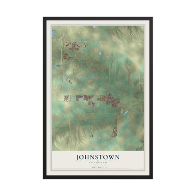 Map of Johnstown, Colorado, 12 x 18 inch print in a black wood frame