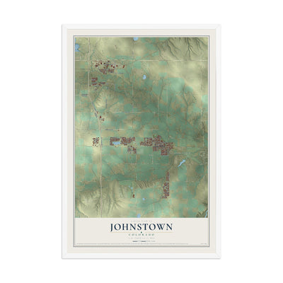 Map of Johnstown, Colorado, 12 x 18 inch print in a white wood frame