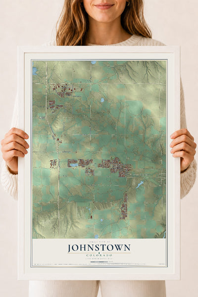Map of Johnstown, Colorado, 18 x 24 inch print in a white wood frame