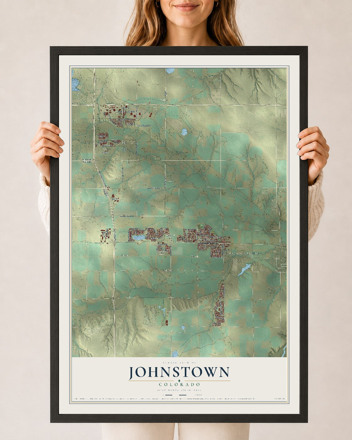 Map of Johnstown, Colorado, 24 x 36 inch print in a black wood frame