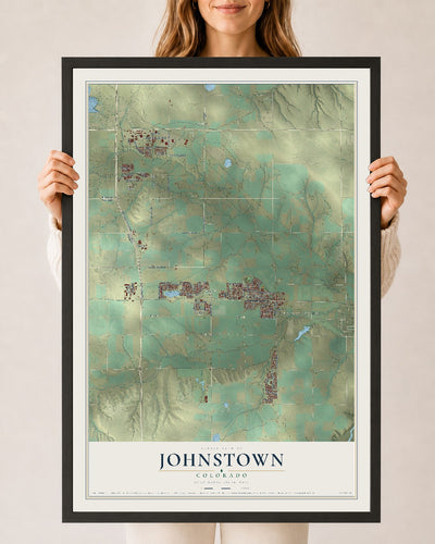 Map of Johnstown, Colorado, 24 x 36 inch print in a black wood frame