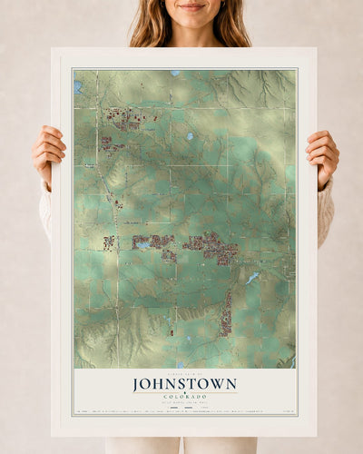 Map of Johnstown, Colorado, 24 x 36 inch print in a white wood frame