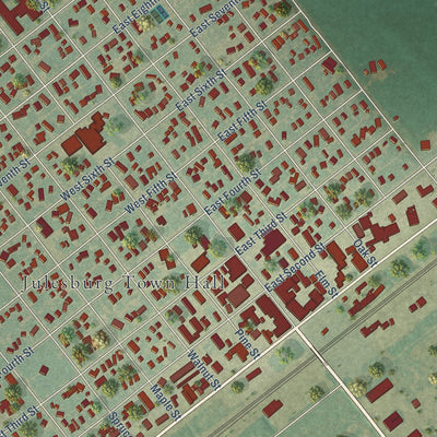 Close-up of the map of Julesburg, Colorado print showing street and building detail