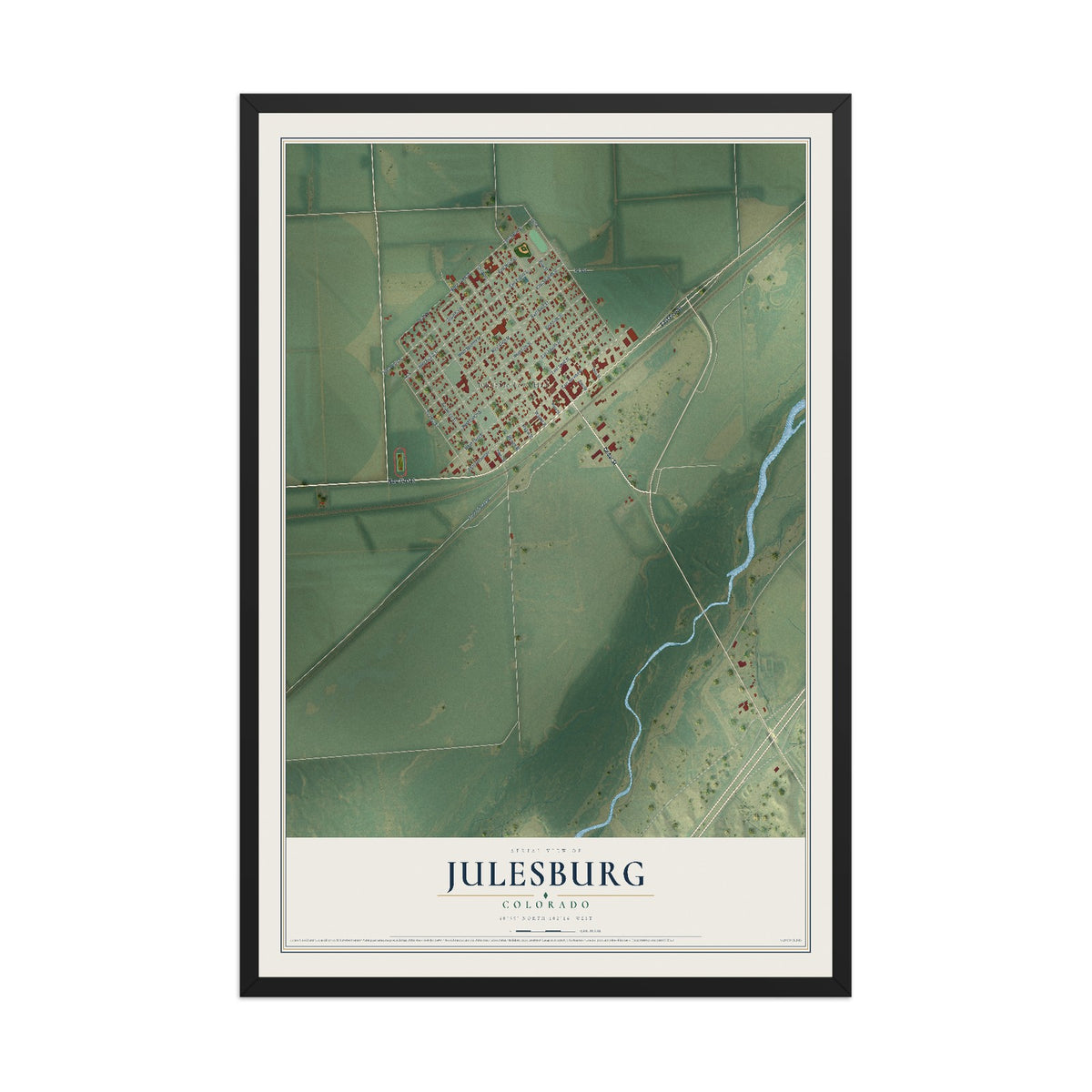 Map of Julesburg, Colorado, 12 x 18 inch print in a black wood frame