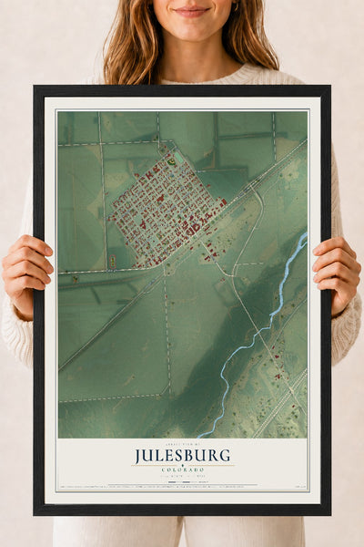 Map of Julesburg, Colorado, 18 x 24 inch print in a black wood frame