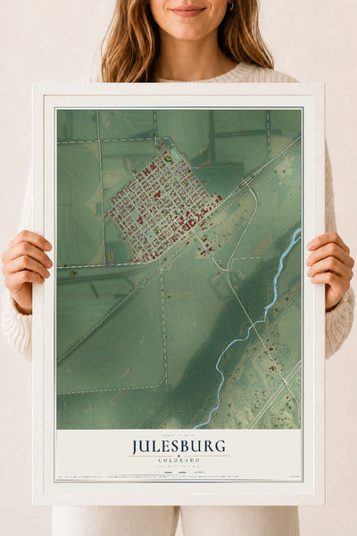 Map of Julesburg, Colorado, 18 x 24 inch print in a white wood frame