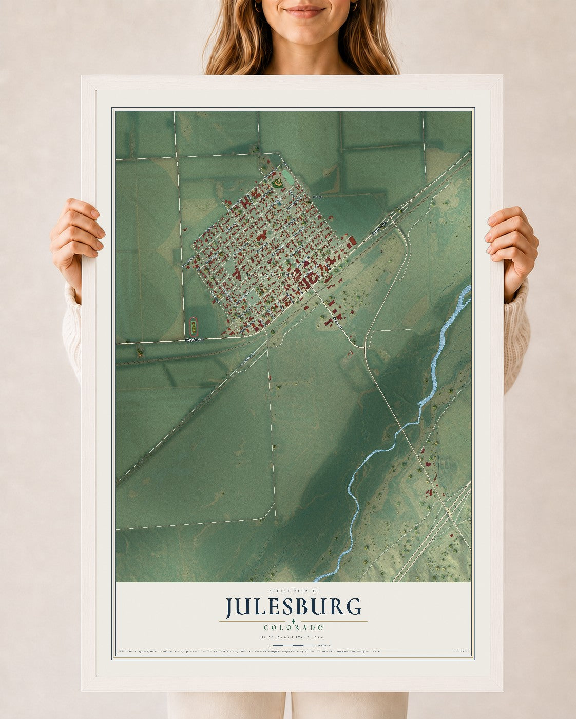Map of Julesburg, Colorado, 24 x 36 inch print in a white wood frame