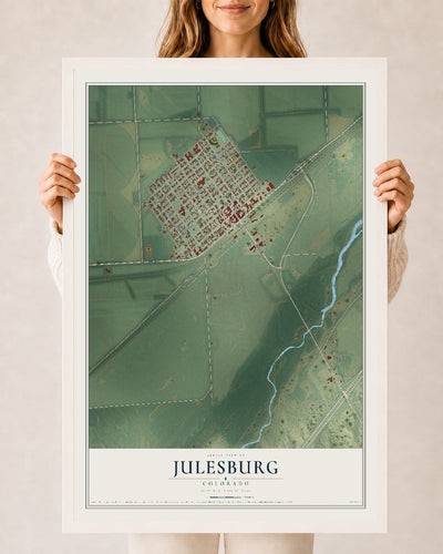 Map of Julesburg, Colorado, 24 x 36 inch print in a white wood frame