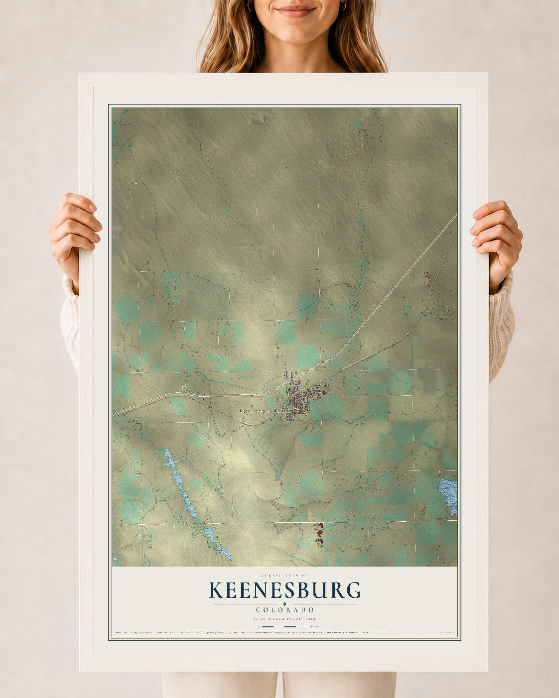 Map of Keenesburg, Colorado, 24 x 36 inch print in a white wood frame