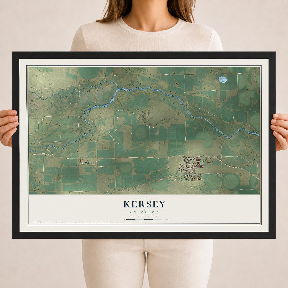 Map of Kersey, Colorado, 18 x 24 inch print in a black wood frame