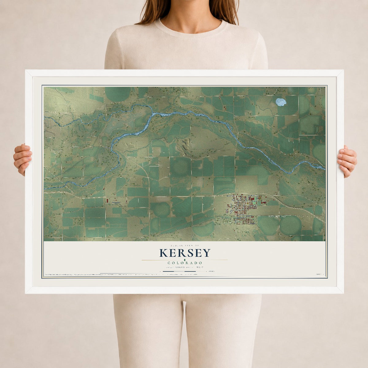 Map of Kersey, Colorado, 24 x 36 inch print in a white wood frame