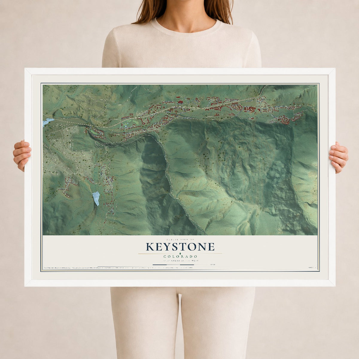 Map of Keystone, Colorado, 24 x 36 inch print in a white wood frame