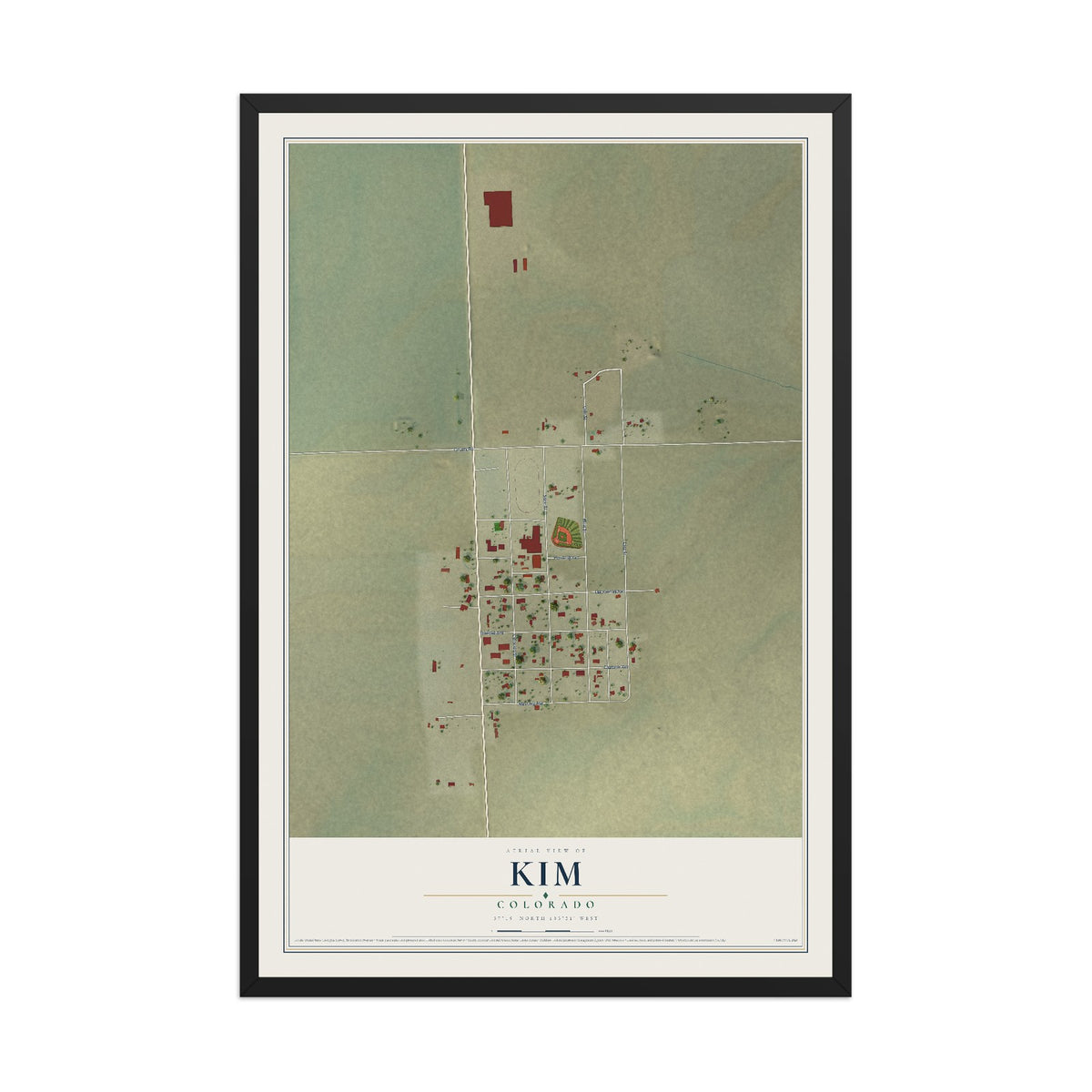 Map of Kim, Colorado, 12 x 18 inch print in a black wood frame
