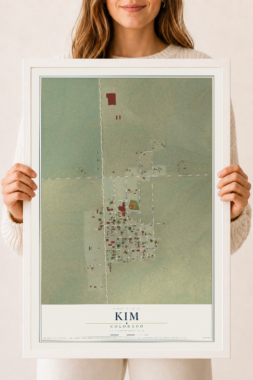 Map of Kim, Colorado, 18 x 24 inch print in a white wood frame