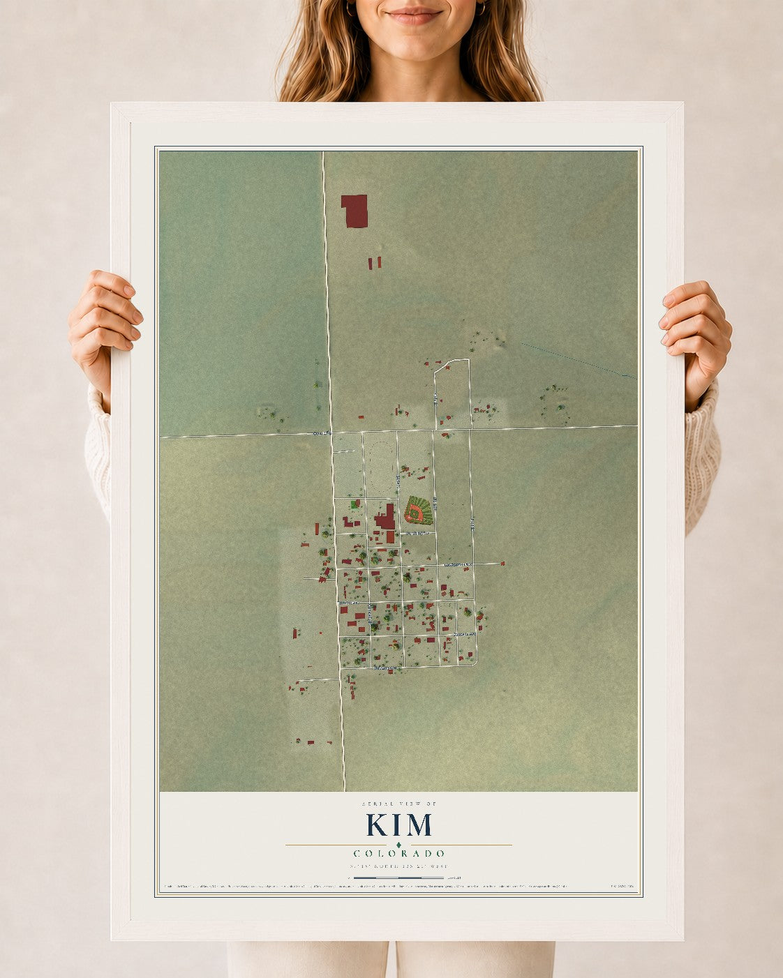 Map of Kim, Colorado, 24 x 36 inch print in a white wood frame