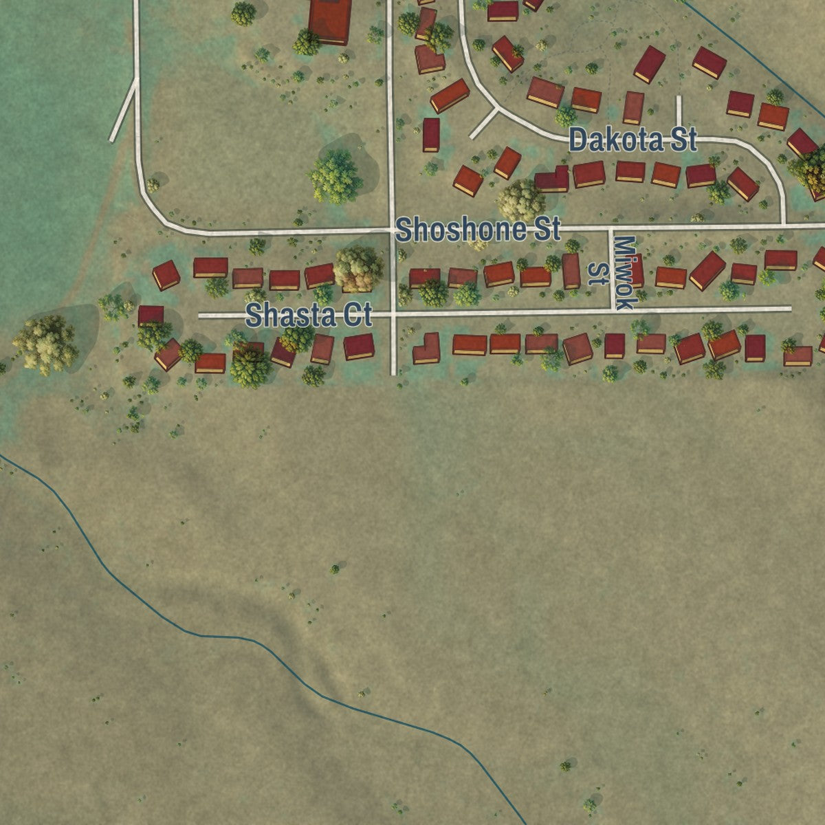 Second close-up of the map of Kiowa, Colorado print showing more streets and buildings