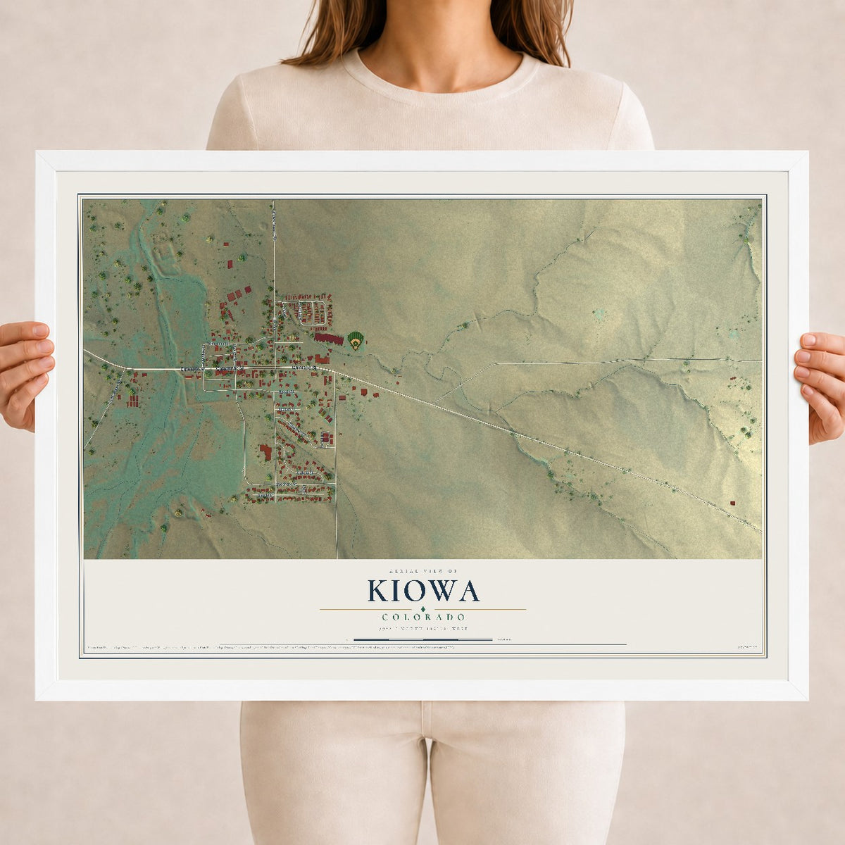 Map of Kiowa, Colorado, 18 x 24 inch print in a white wood frame