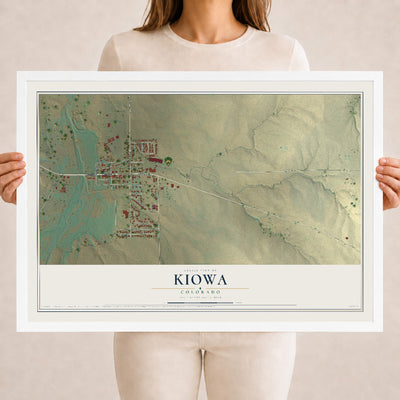 Map of Kiowa, Colorado, 18 x 24 inch print in a white wood frame