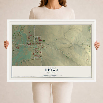 Map of Kiowa, Colorado, 24 x 36 inch print in a white wood frame