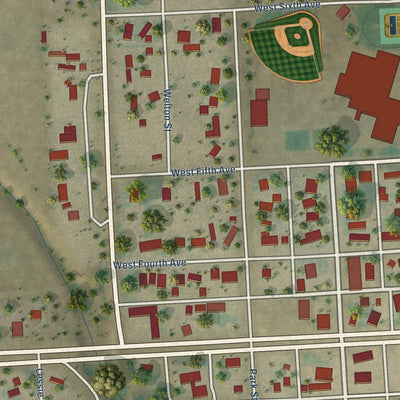 Close-up of the map of Kit Carson, Colorado print showing street and building detail