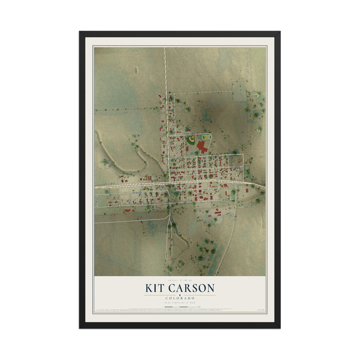 Map of Kit Carson, Colorado, 12 x 18 inch print in a black wood frame