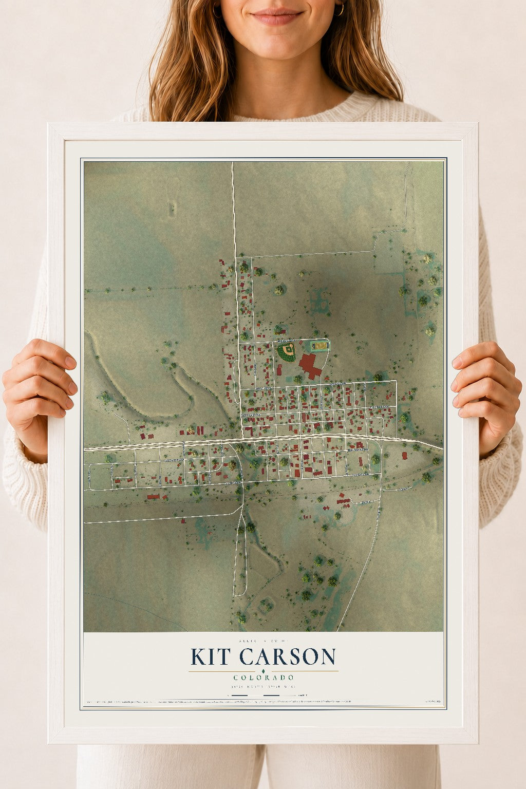Map of Kit Carson, Colorado, 18 x 24 inch print in a white wood frame