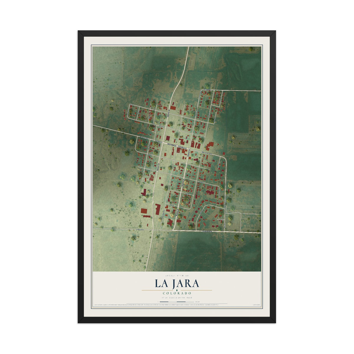 Map of La Jara, Colorado, 12 x 18 inch print in a black wood frame