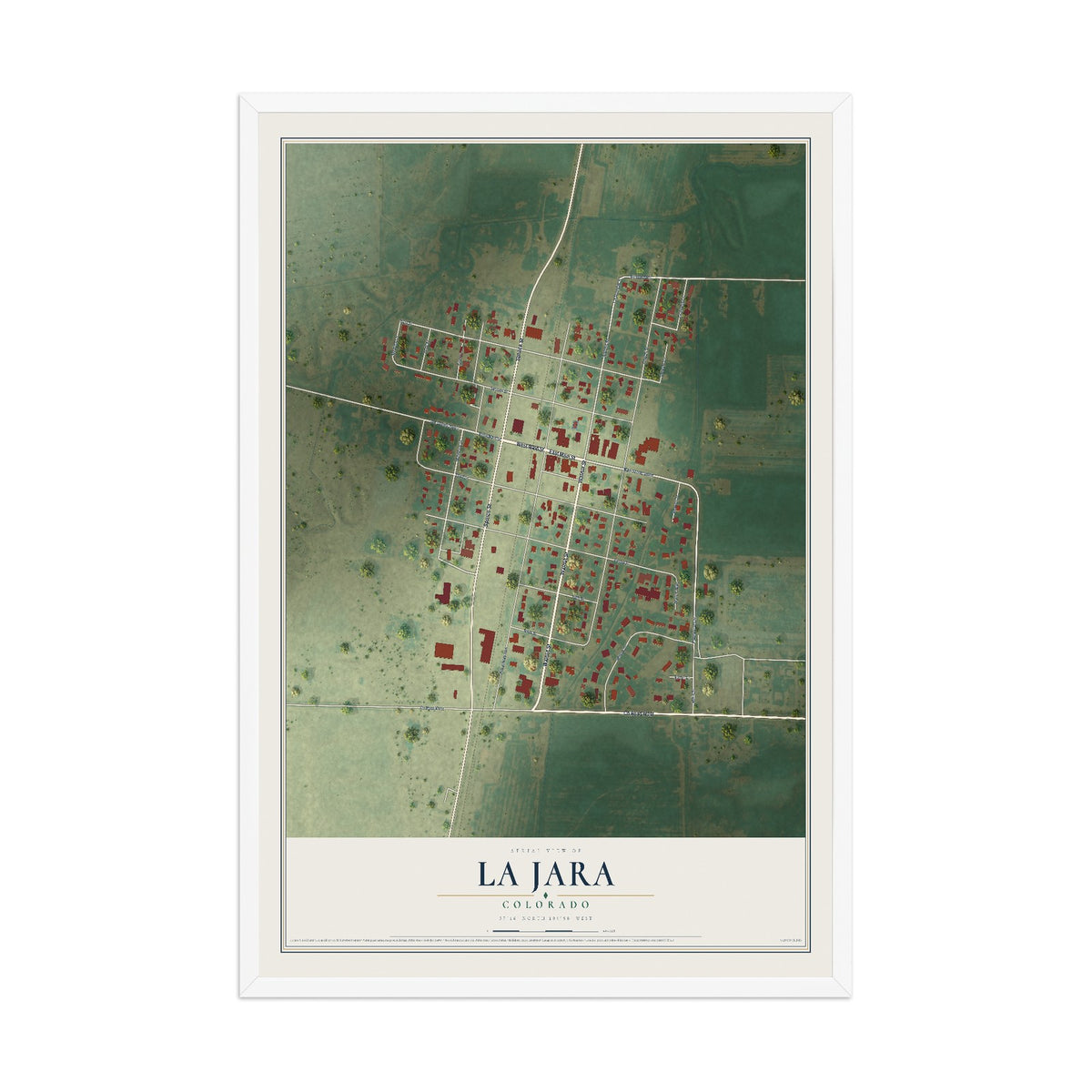 Map of La Jara, Colorado, 12 x 18 inch print in a white wood frame