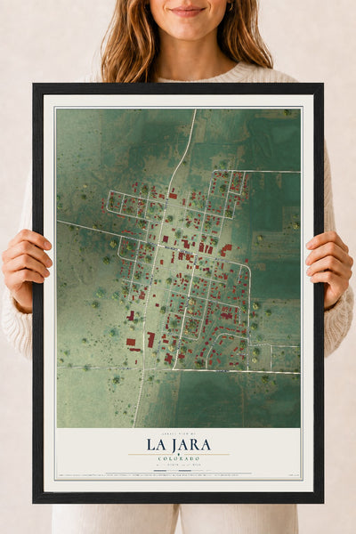 Map of La Jara, Colorado, 18 x 24 inch print in a black wood frame