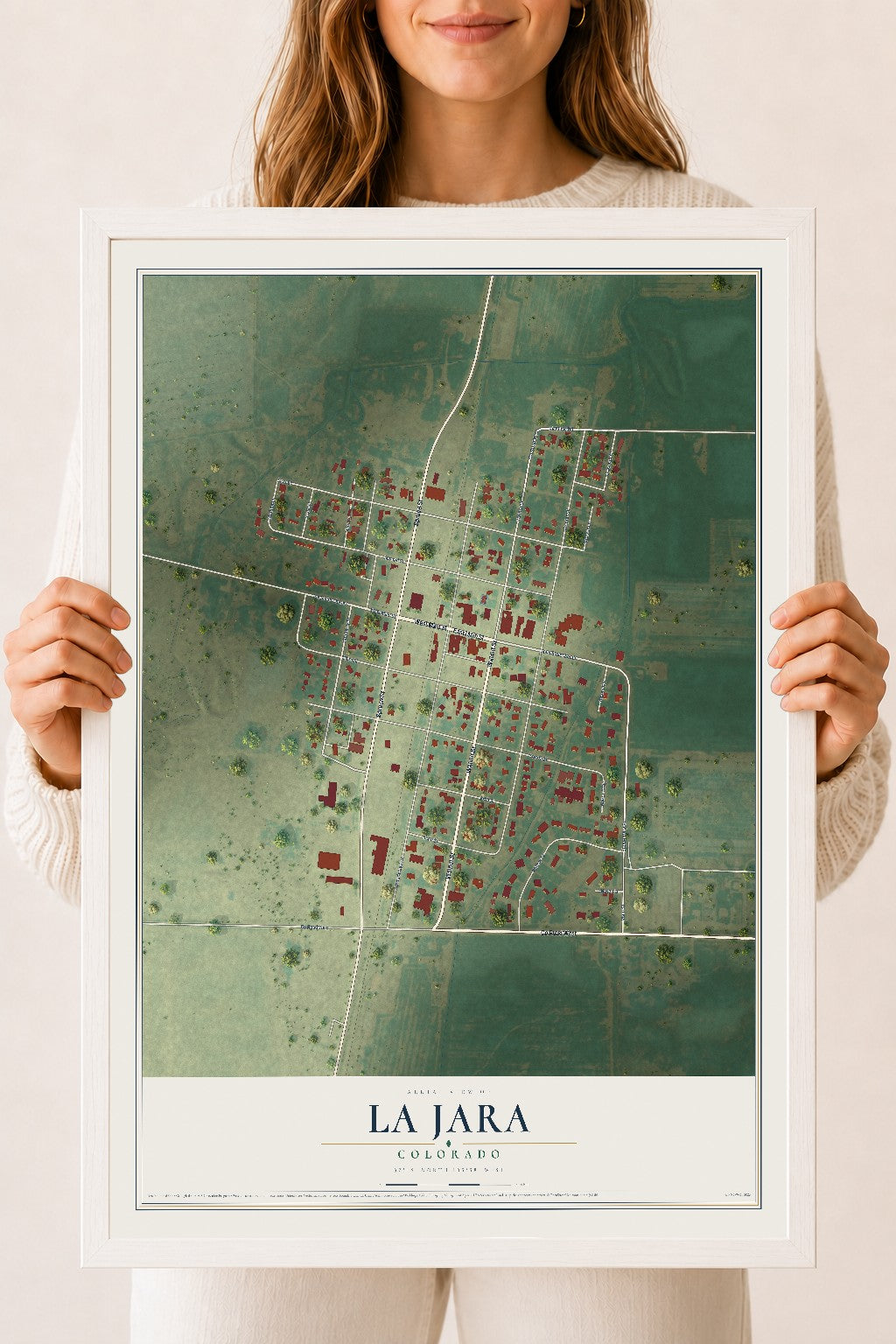 Map of La Jara, Colorado, 18 x 24 inch print in a white wood frame