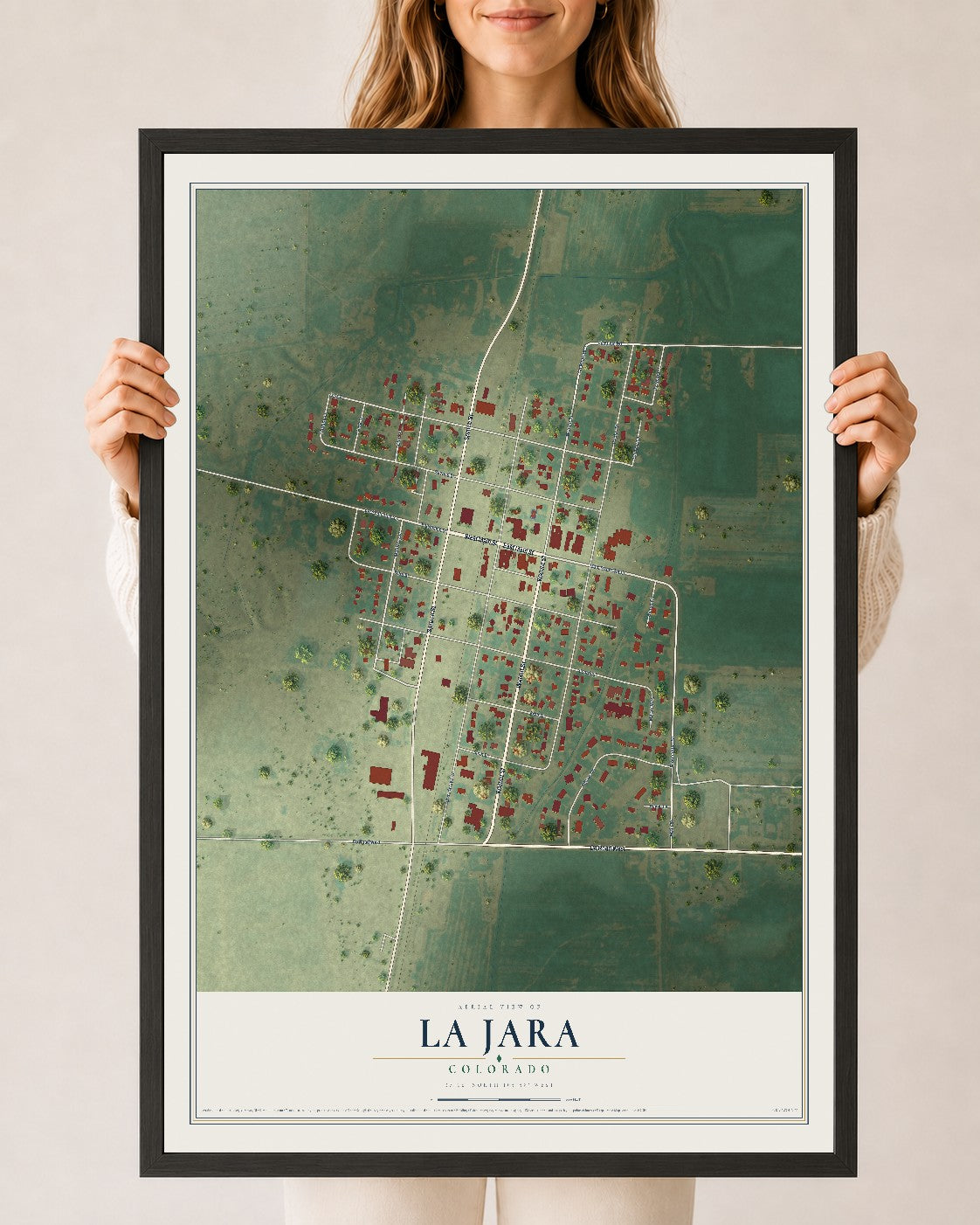 Map of La Jara, Colorado, 24 x 36 inch print in a black wood frame
