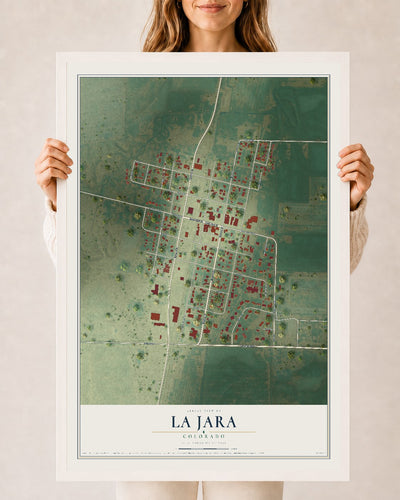 Map of La Jara, Colorado, 24 x 36 inch print in a white wood frame