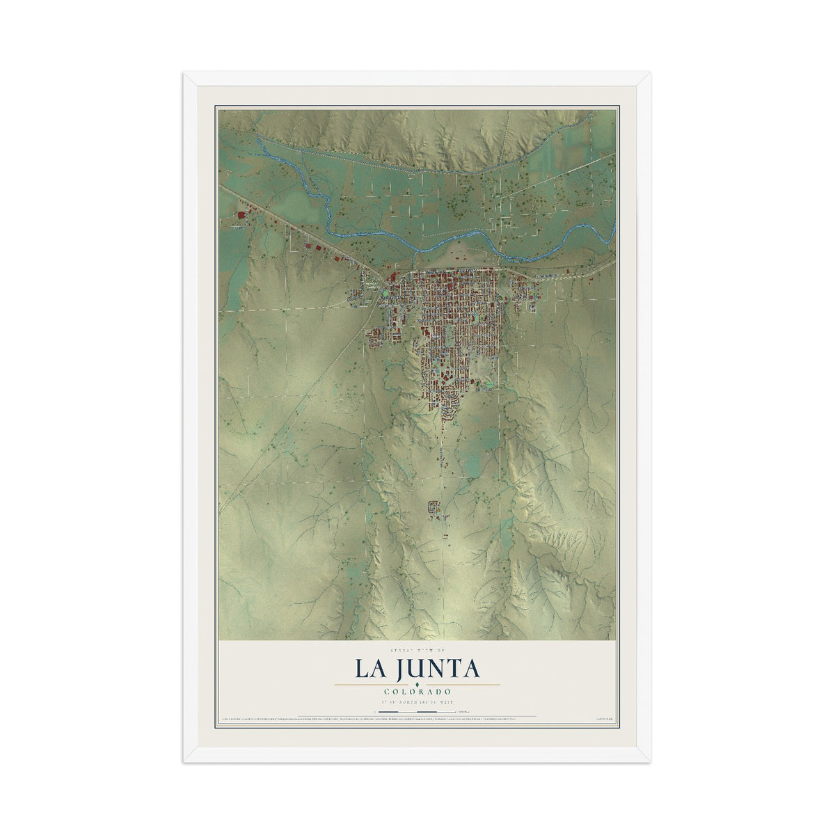 Map of La Junta, Colorado, 12 x 18 inch print in a white wood frame