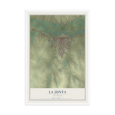 Map of La Junta, Colorado, 12 x 18 inch print in a white wood frame