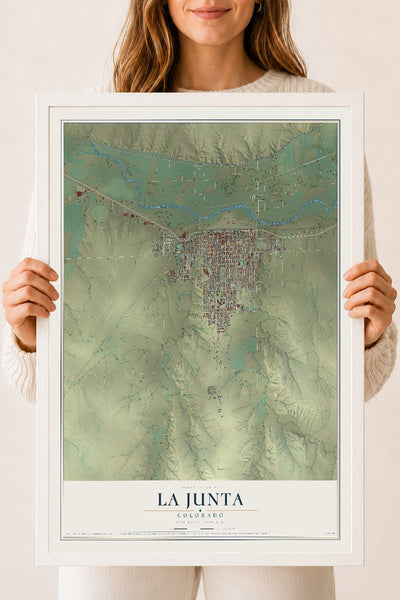 Map of La Junta, Colorado, 18 x 24 inch print in a white wood frame
