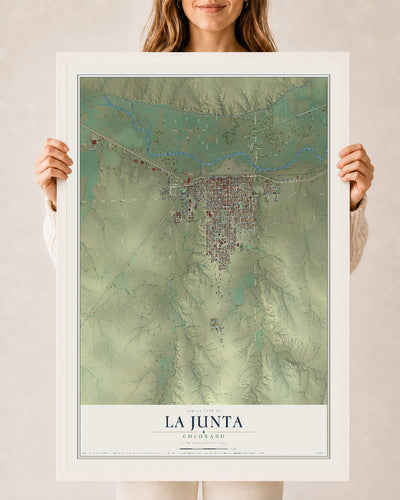 Map of La Junta, Colorado, 24 x 36 inch print in a white wood frame