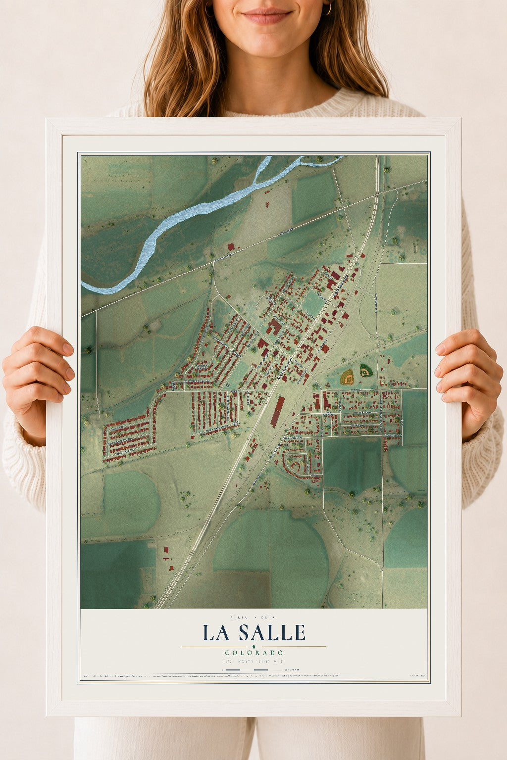 Map of La Salle, Colorado, 18 x 24 inch print in a white wood frame