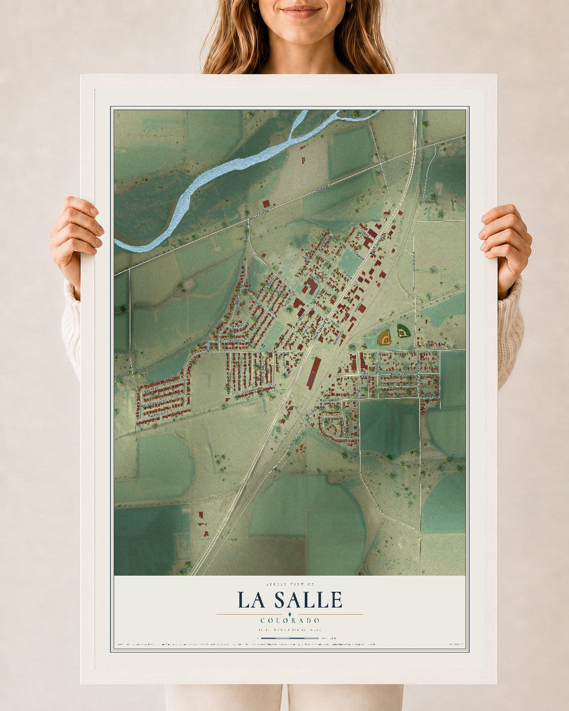 Map of La Salle, Colorado, 24 x 36 inch print in a white wood frame