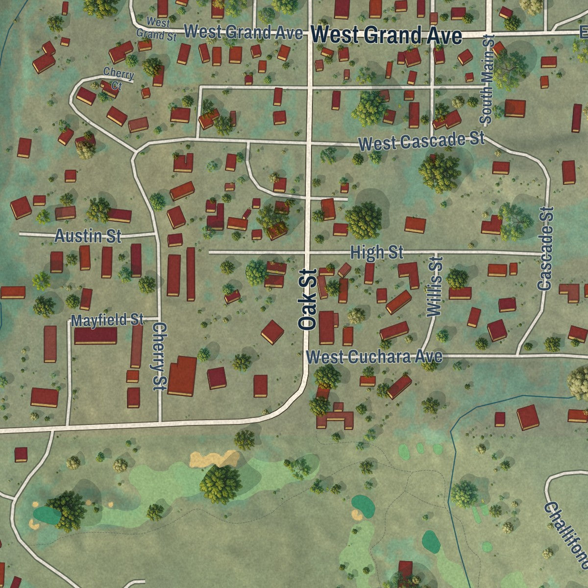 Second close-up of the map of La Veta, Colorado print showing more streets and buildings
