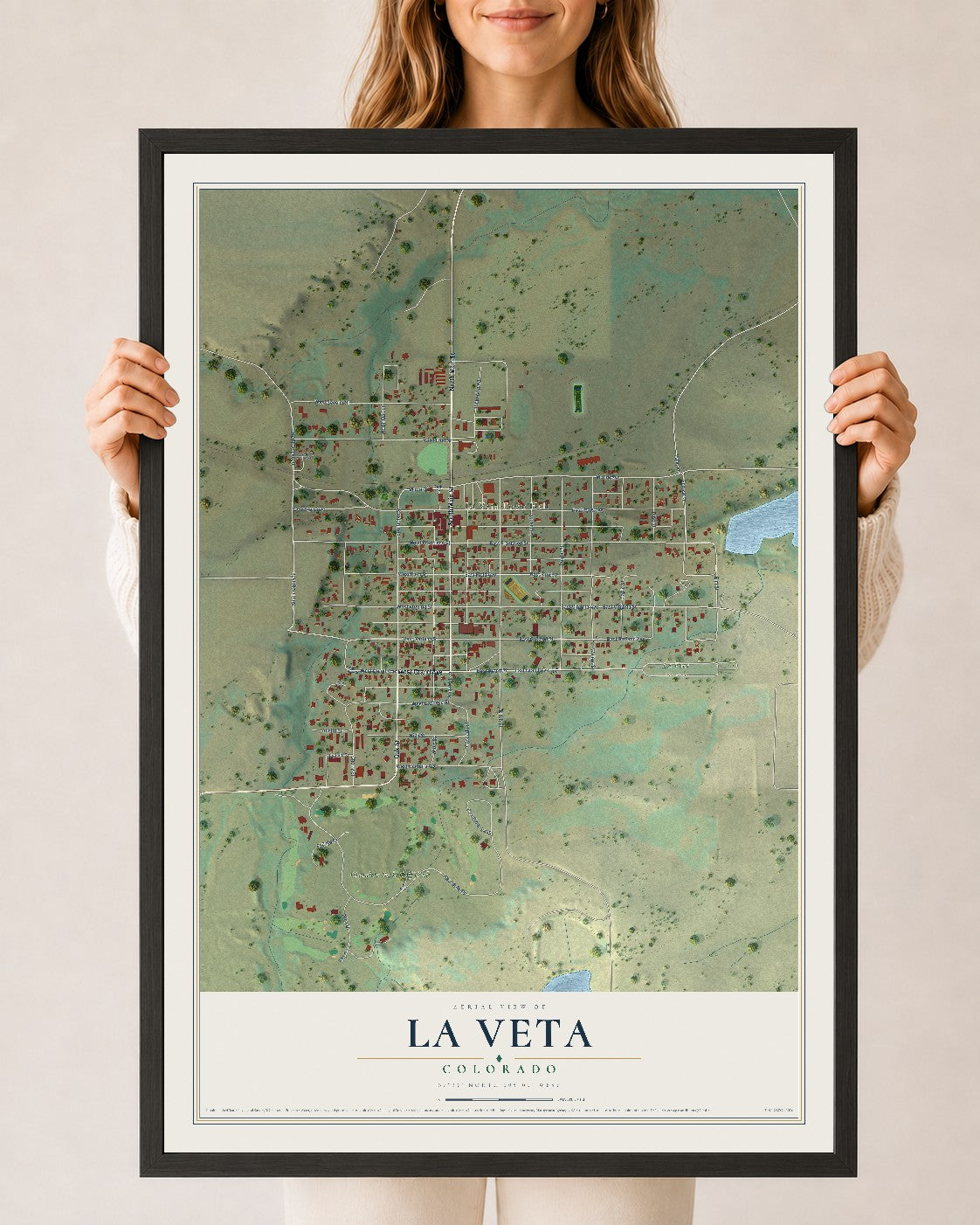 Map of La Veta, Colorado, 24 x 36 inch print in a black wood frame