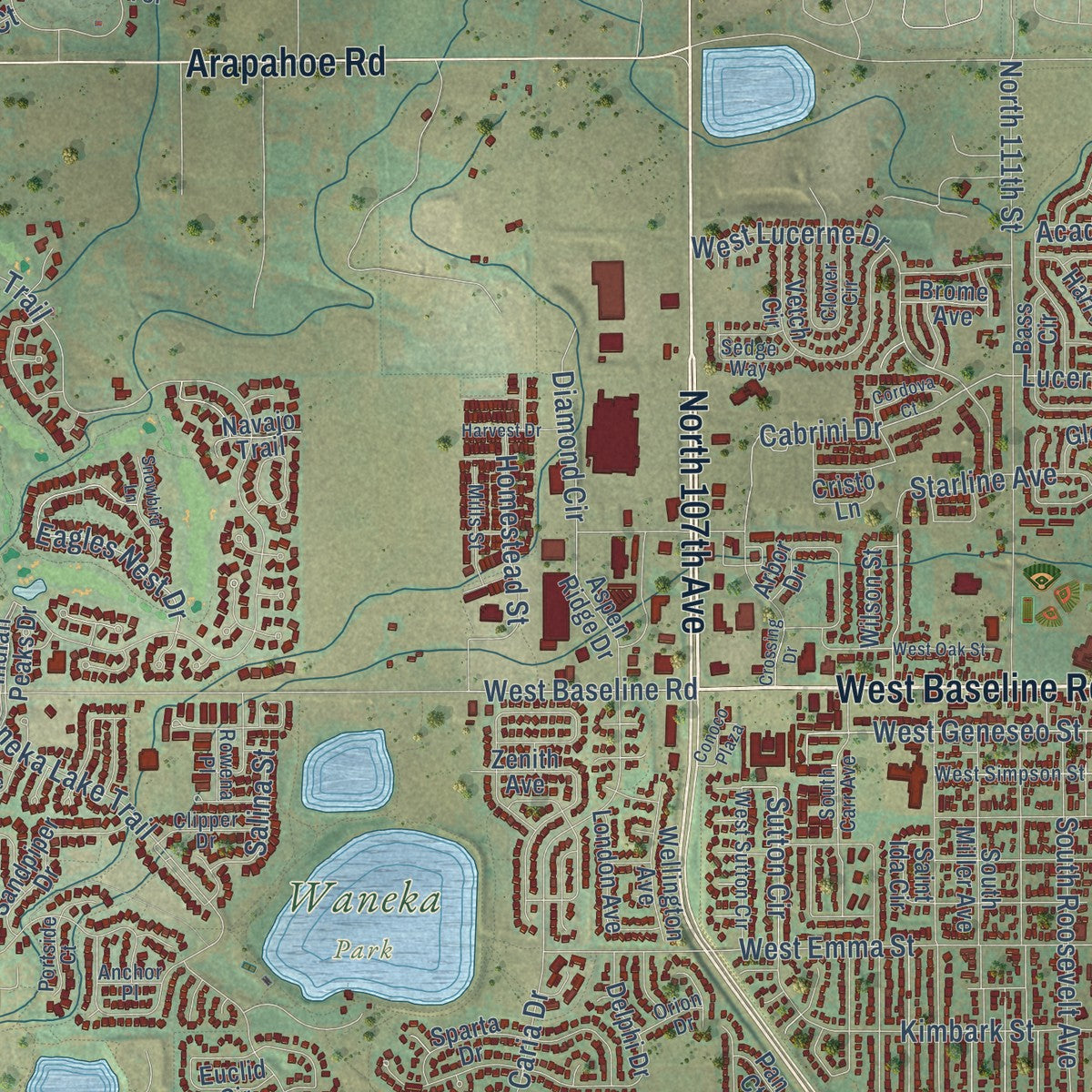 Close-up of the map of Lafayette, Colorado print showing street and building detail