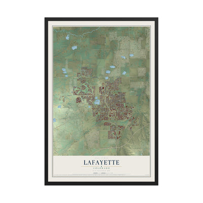Map of Lafayette, Colorado, 12 x 18 inch print in a black wood frame