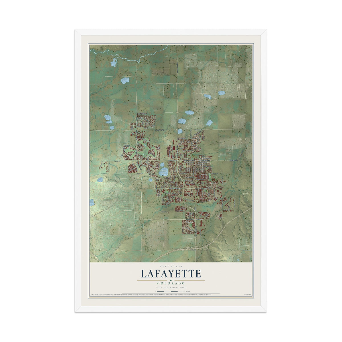 Map of Lafayette, Colorado, 12 x 18 inch print in a white wood frame